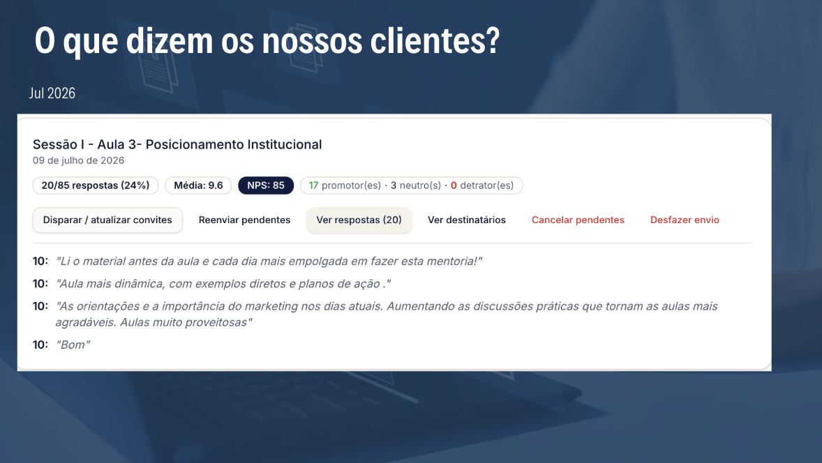 Painel de avaliação de aula com NPS 85 e média 9,6