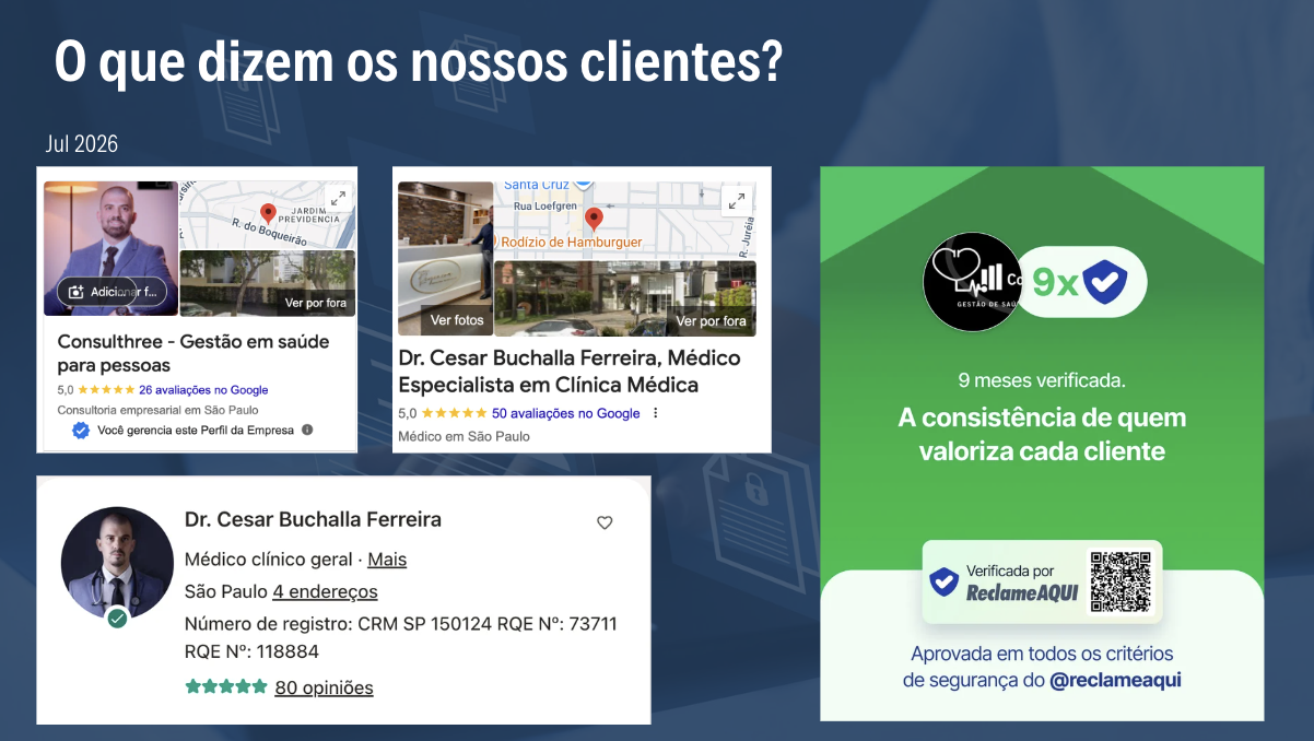 Avaliações 5,0 no Google da Consulthree e do Dr. Cesar Buchalla e selo verificado ReclameAQUI